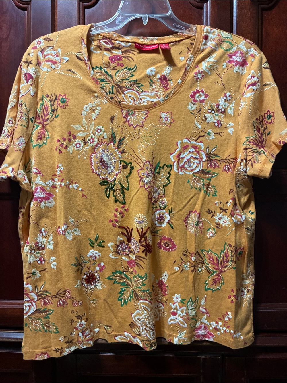 Women's vintage Mustard Floral  cotton Short-Sleeve beaded decorative Top